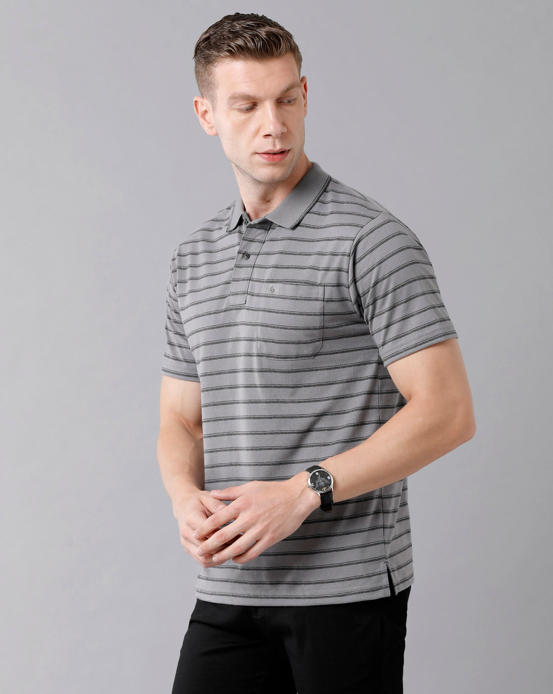Classic Polo Men's Cotton Striped Half Sleeve Regular Fit Polo Neck Grey Color T-Shirt | Feeders - 208 B