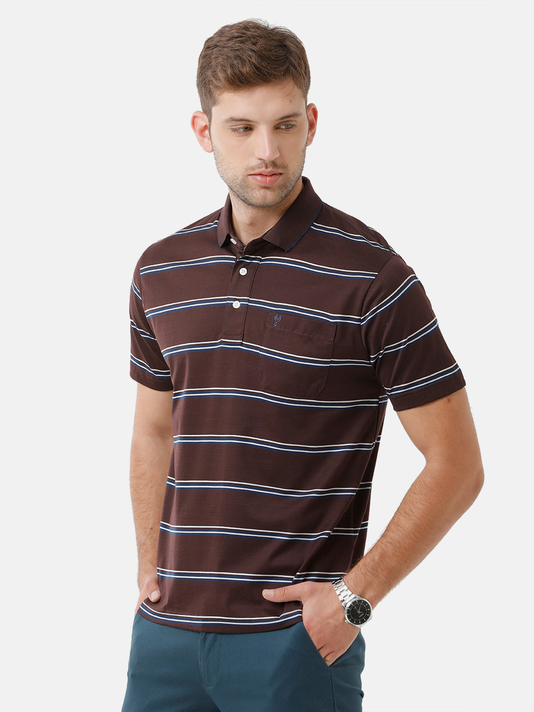 Classic Polo Mens Cotton Half Sleeve Striped Authentic Fit Polo Neck Brown Color T-Shirt | Ultimo 277 A