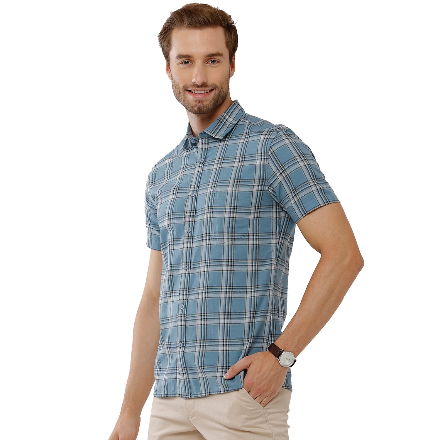 Classic Polo Bro Mens 100% Cotton Checked Half Sleeve Slim Fit Polo Neck Multicolor Woven Shirt (SBN1-55 A-HS-CHK-BSL) Classic Polo 