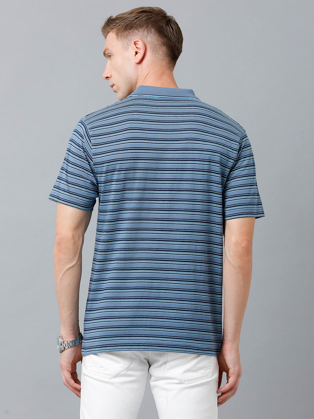 Classic Polo Men's Cotton Half Sleeve Striped Authentic Fit Polo Neck Teal Blue Color T-Shirt | Feeders - 217 A