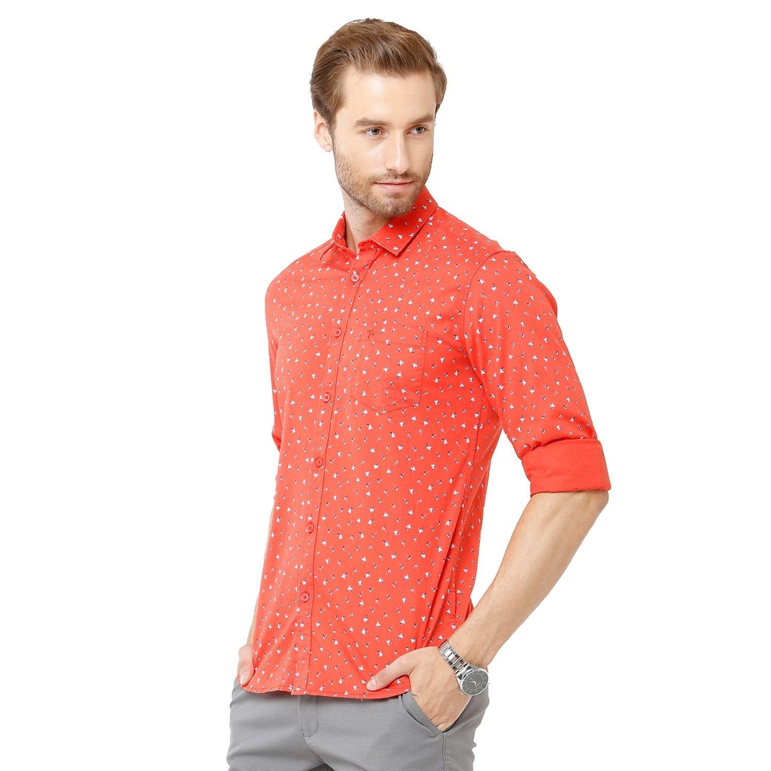 Classic Polo Bro Mens 100% Cotton Printed Full Sleeve Slim Fit Polo Neck Orange Color Woven Shirt (SBN1-72 A-FS-PRT-BSL) Classic Polo 