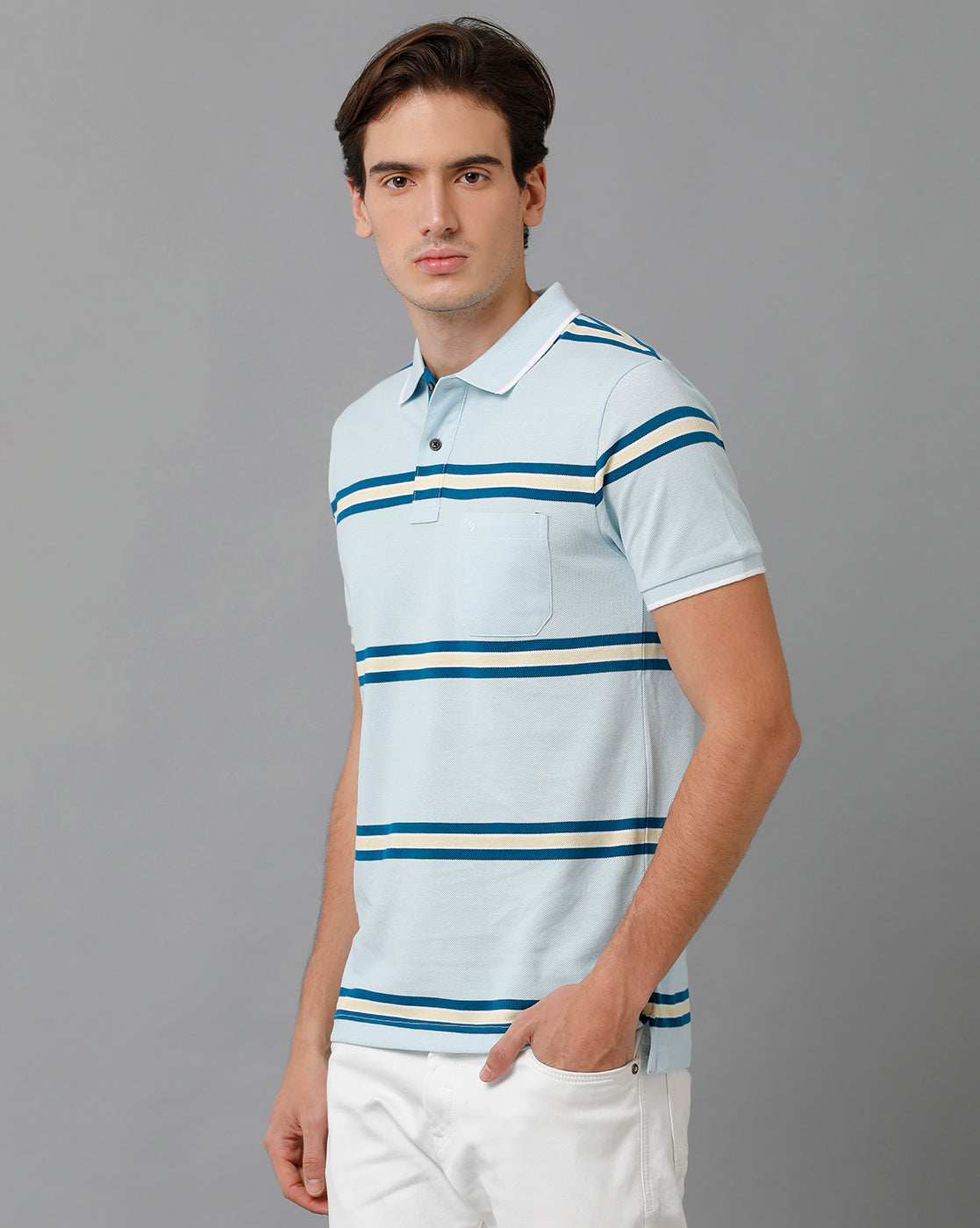 Classic Polo Men's Cotton Blend Half Sleeve Striped Slim Fit Polo Neck Light Blue Color T-Shirt | Adore - 192 B