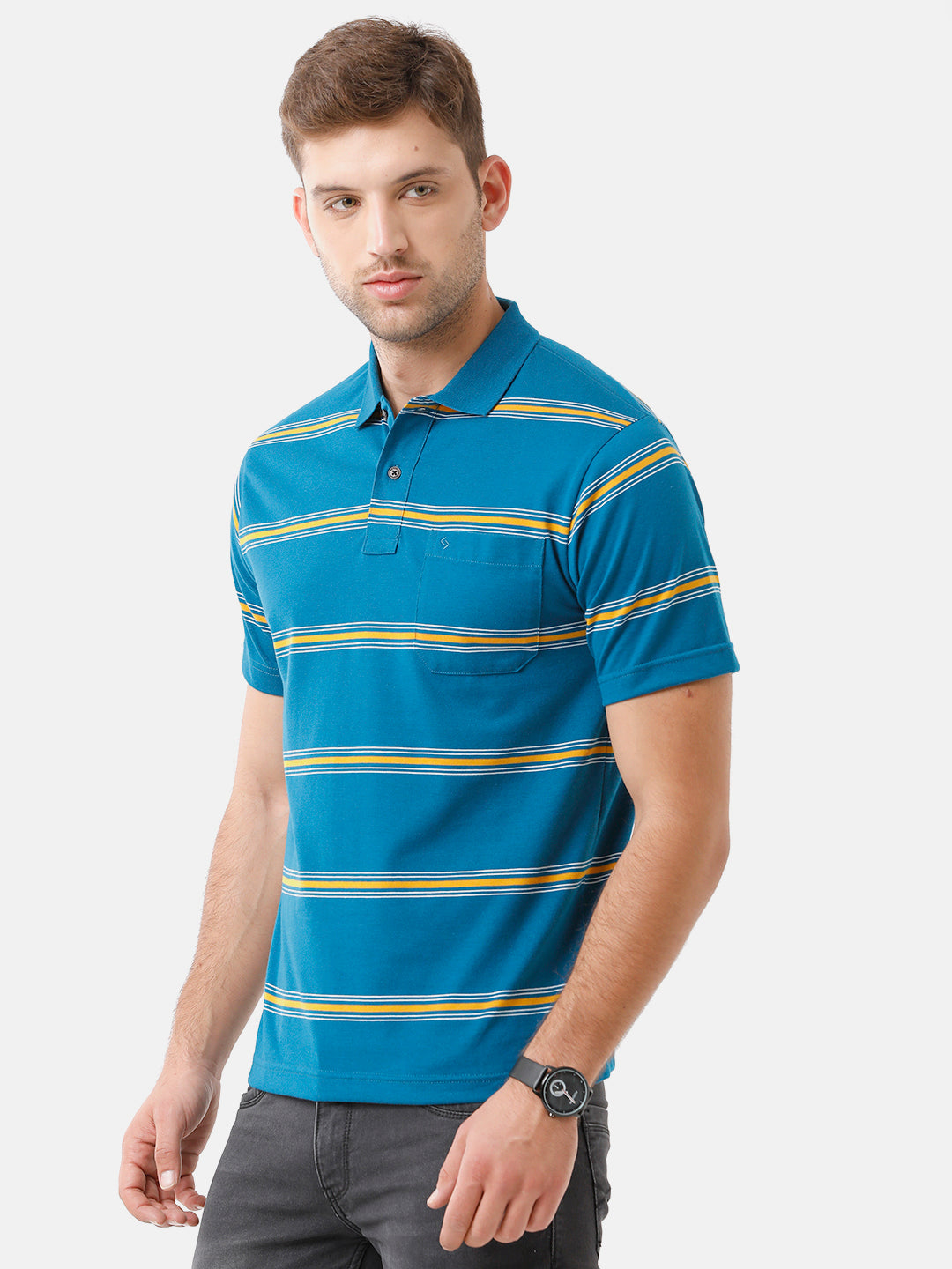 Classic Polo Mens Cotton Blend Striped Half Sleeve Authentic Fit Polo Neck Azure Blue Color T-Shirt | Avon 493 A