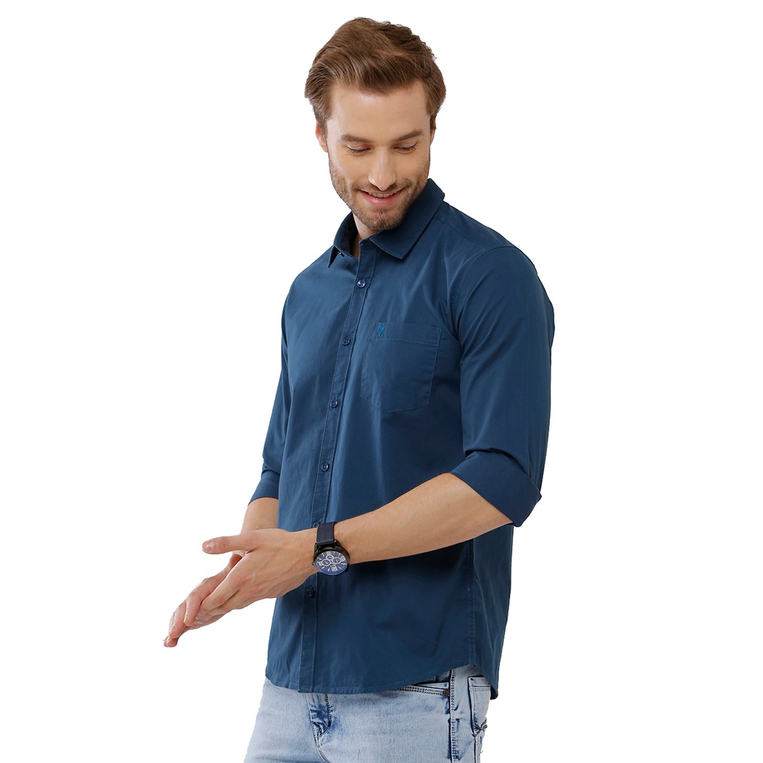 Classic Polo Mens 100% Cotton Solid Slim Fit Navy Blue Color Woven Shirt - SN1 115 E Shirts Classic Polo 
