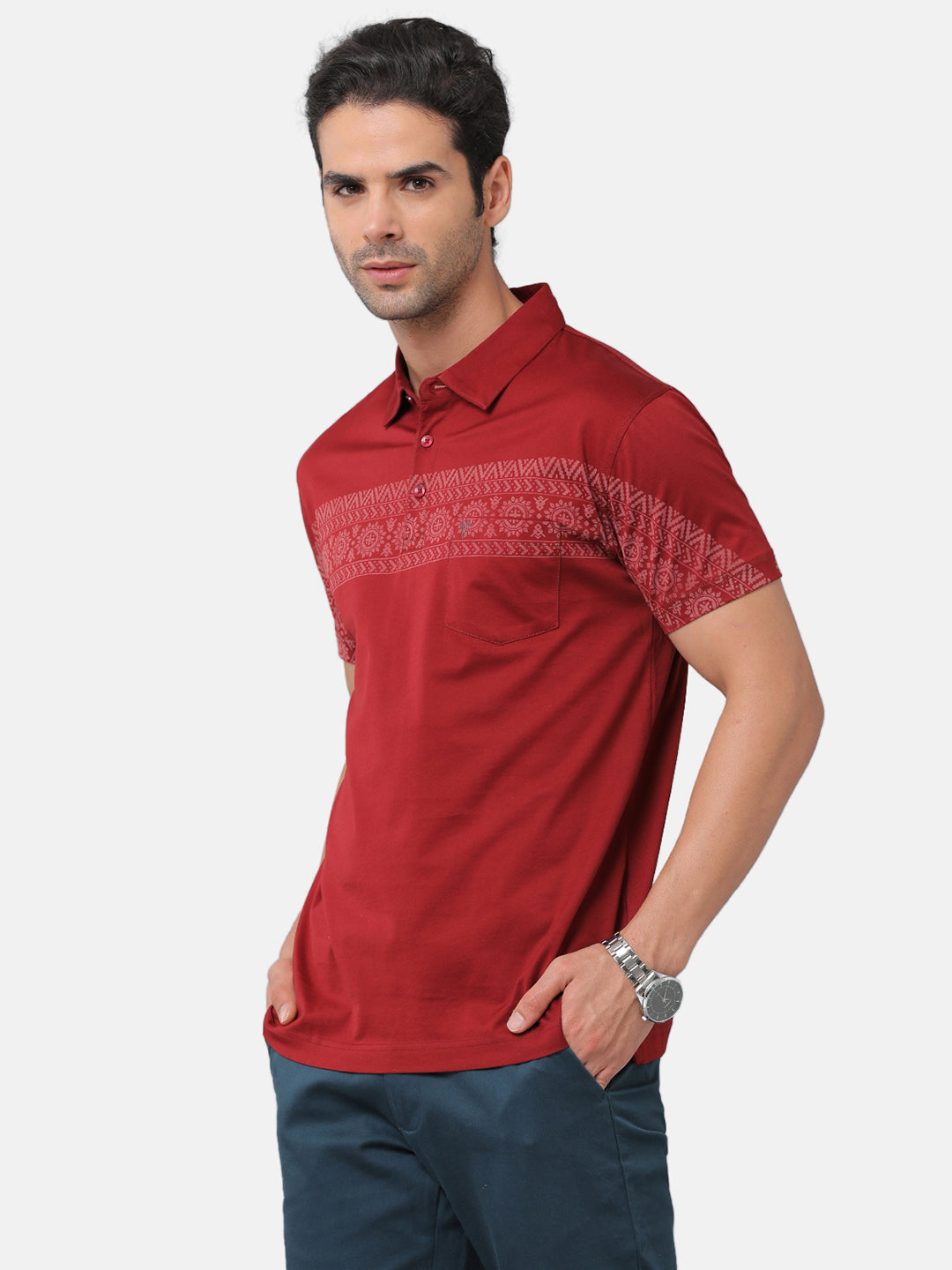 Classic Polo Mens Cotton Printed Slim Fit Polo Neck Red Color T-Shirt | Unico 17a