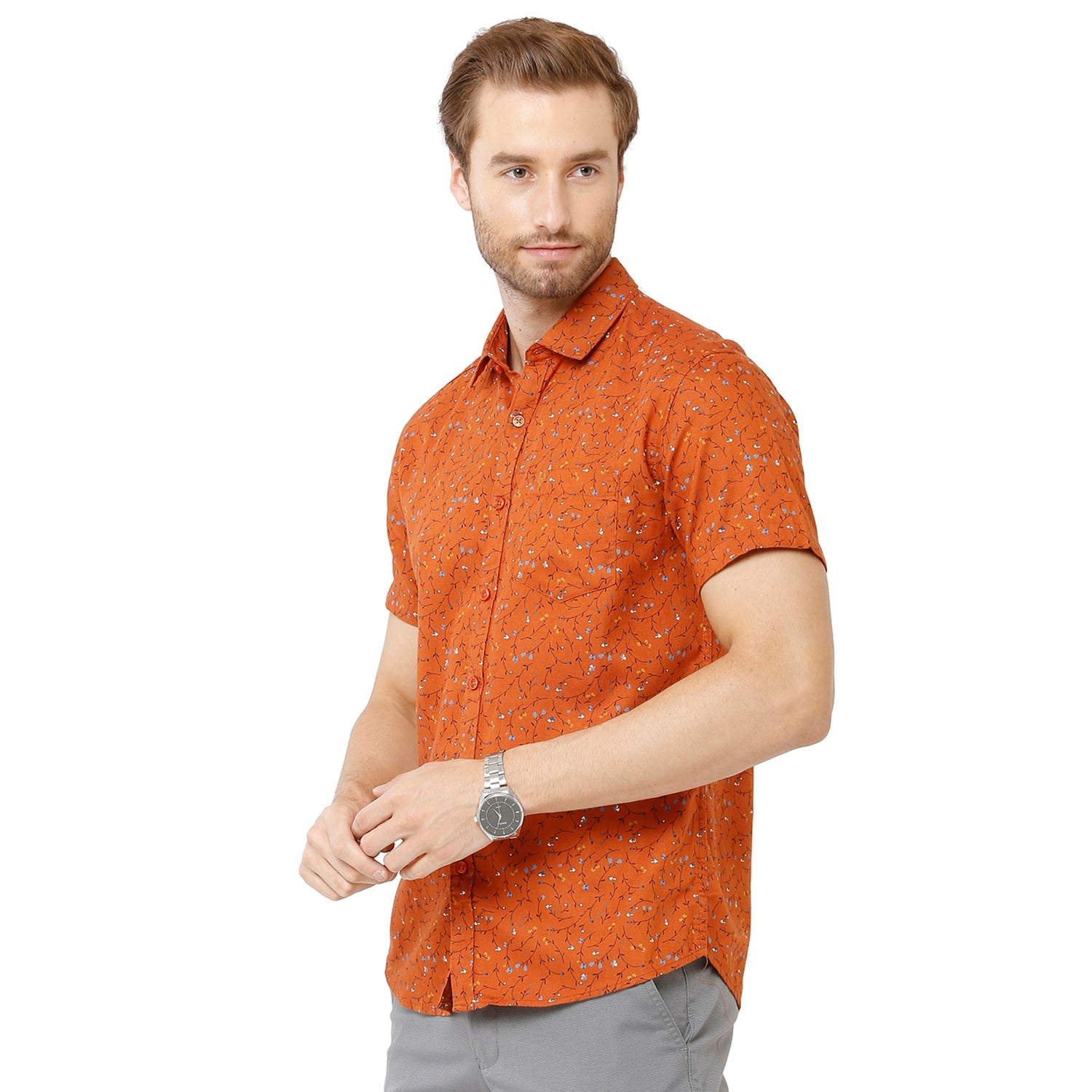 Classic Polo Mens 100% Cotton Printed Slim Fit Orange Color Woven Shirt - SN1-120 A Shirts Classic Polo 