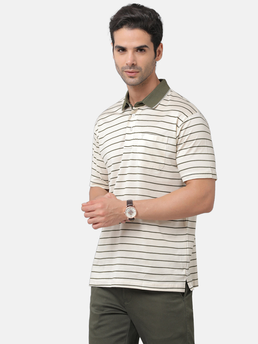 Classic Polo Mens Cotton Striped Authentic Fit Polo Neck Cream Color T-Shirt | ultimo 276B