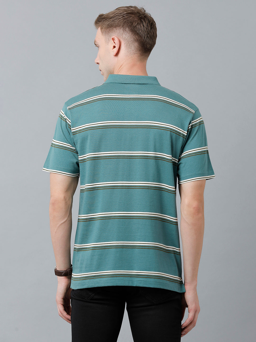 Classic Polo Men's Cotton Blend Half Sleeve Striped Authentic Fit Polo Neck Teal Grey Color T-Shirt | Avon - 527 A