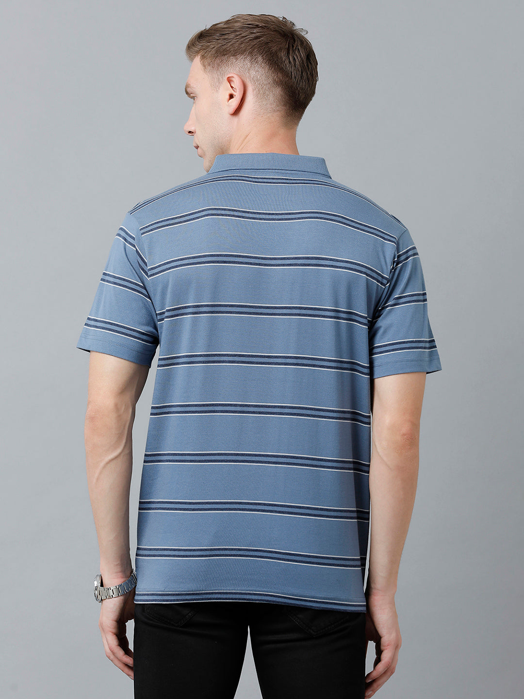 Classic Polo Men's Cotton Blend Half Sleeve Striped Authentic Fit Polo Neck Blue Color T-Shirt | Avon - 524 A