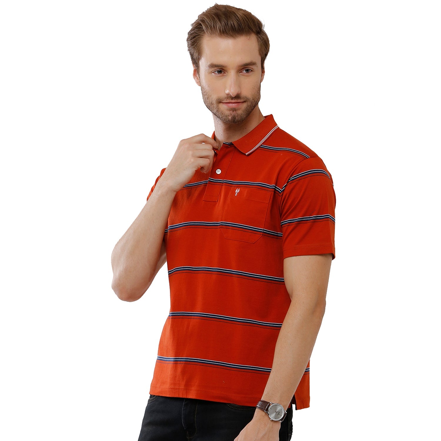 Classic Polo Mens 100% Cotton Stripped Authentic Fit Red Color Polo Neck T-Shirt -AP 64 A T-shirt Classic Polo 