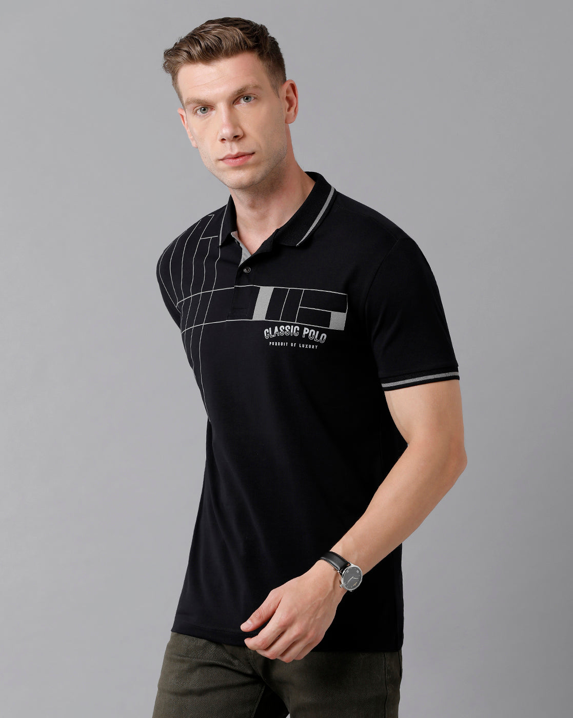 Classic Polo Men's Cotton Printed Half Sleeve Slim Fit Polo Neck Black Color T-Shirt | Prm - 726 A