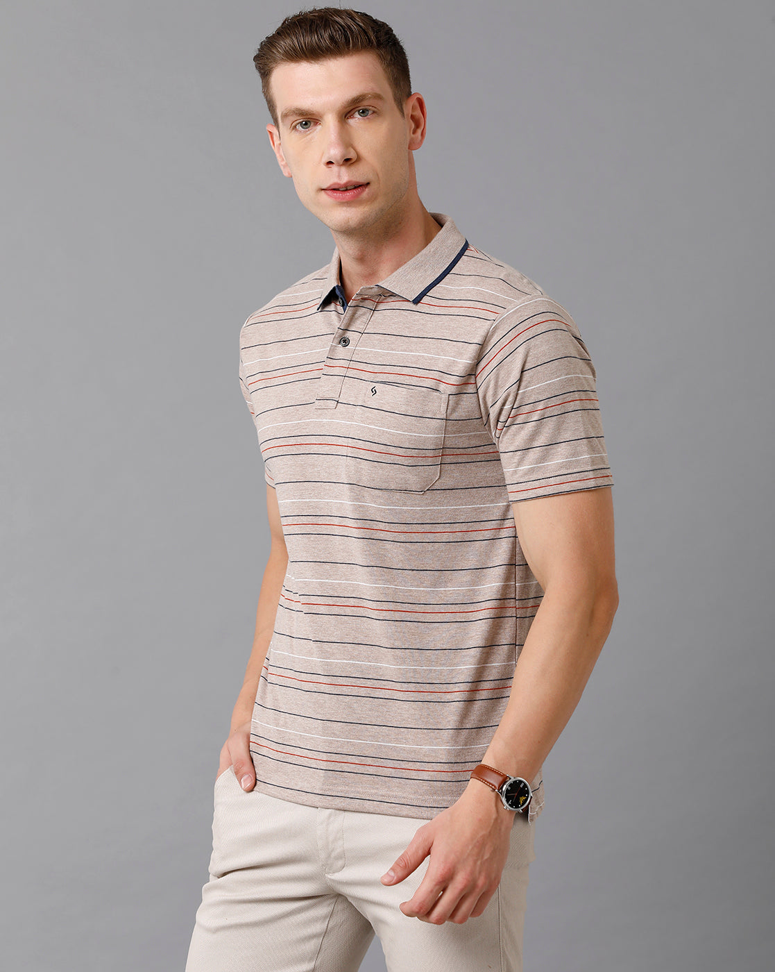 Classic Polo Men's Cotton Blend Striped Authentic Fit Grey T-Shirt | Mel - 215 A
