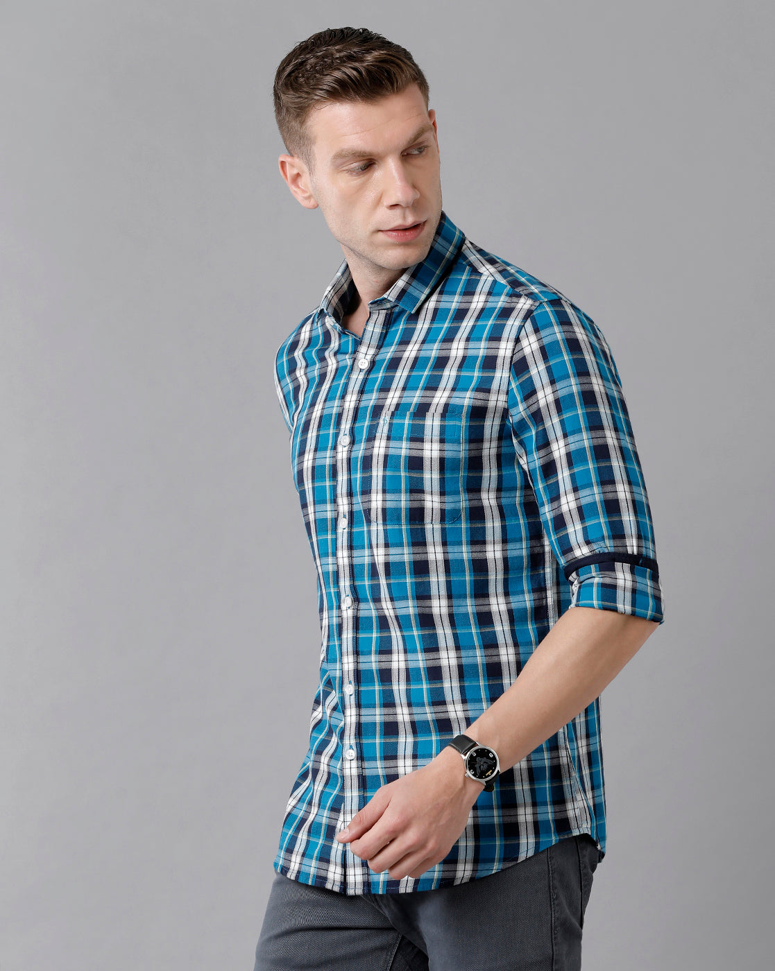 Classic Polo Men's Cotton Checked Full Sleeve Slim Fit Polo Neck Blue Color Woven Shirt | Sn2-73 B
