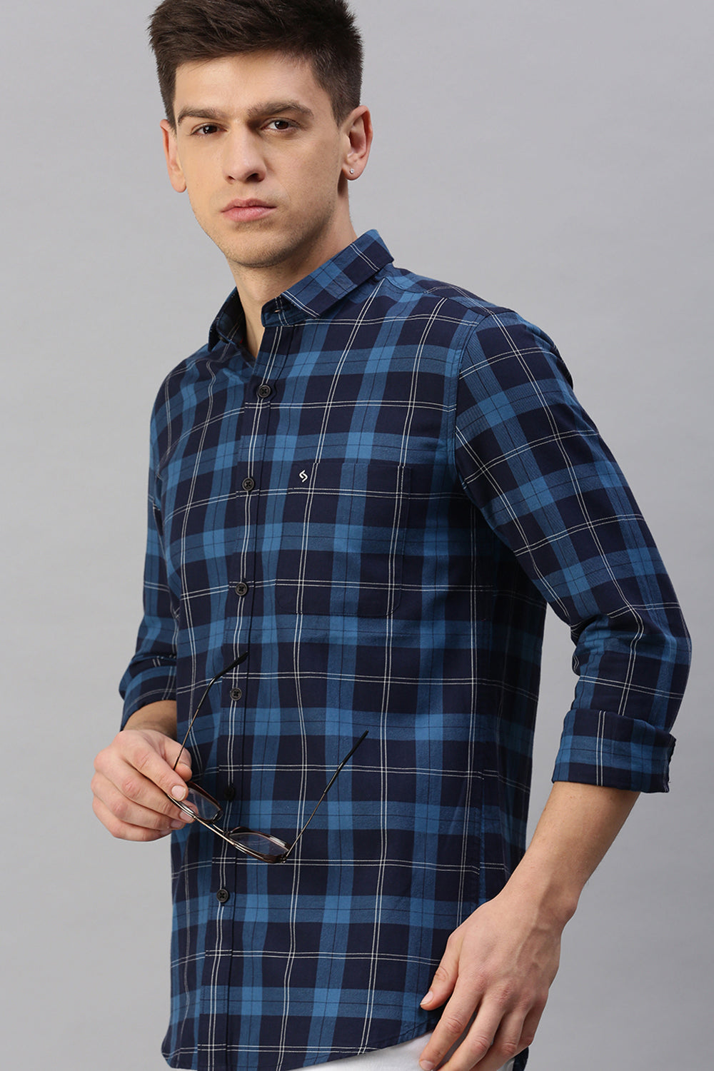 Classic Polo Men's Cotton Half Sleeve Checked Slim Fit Polo Neck Navy Color Woven Shirt | So1-06 A