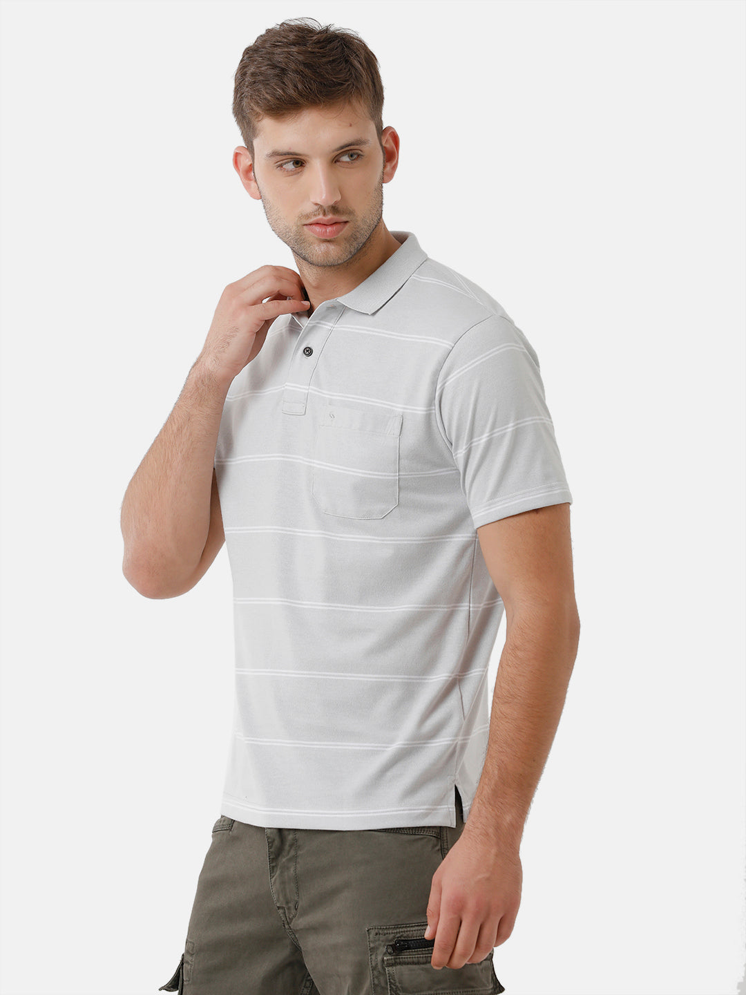 Classic Polo Mens Cotton Blend Striped Half Sleeve Authentic Fit Polo Neck Light Grey Color T-Shirt | Avon 491 B