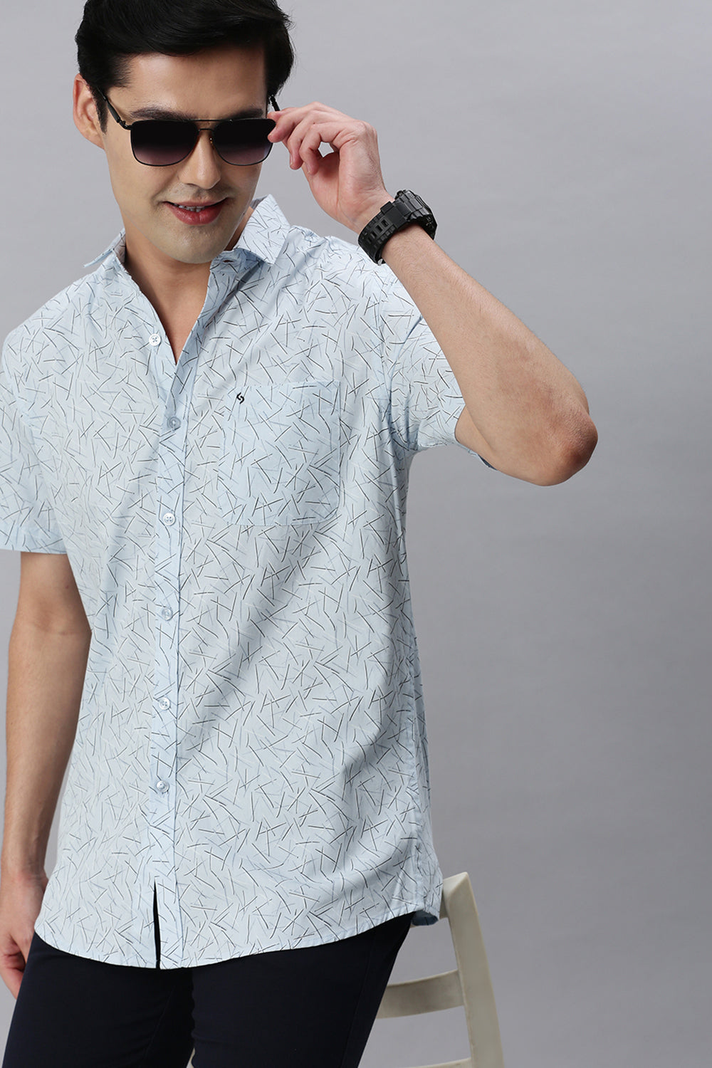 Classic Polo Men's Cotton Half Sleeve Printed Slim Fit Polo Neck Light Blue Color Woven Shirt | So1-03 A