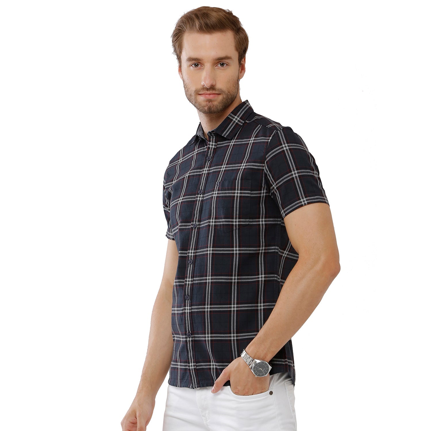 Classic Polo Bro Mens 100% Cotton Checked Half Sleeve Slim Fit Polo Neck Blue Color Woven Shirt (SBN1-68 A-HS-CHK-BSL) Classic Polo 