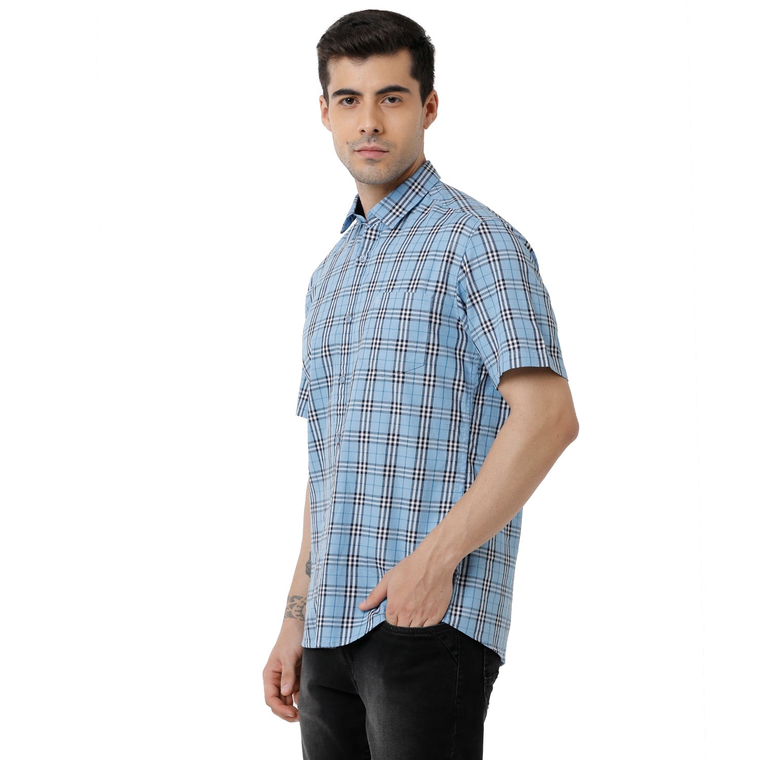 Classic Polo Mens Checked Slim Fit Half Sleeve Azure Blue Color Shirt - SN1-121 A Shirts Classic Polo 