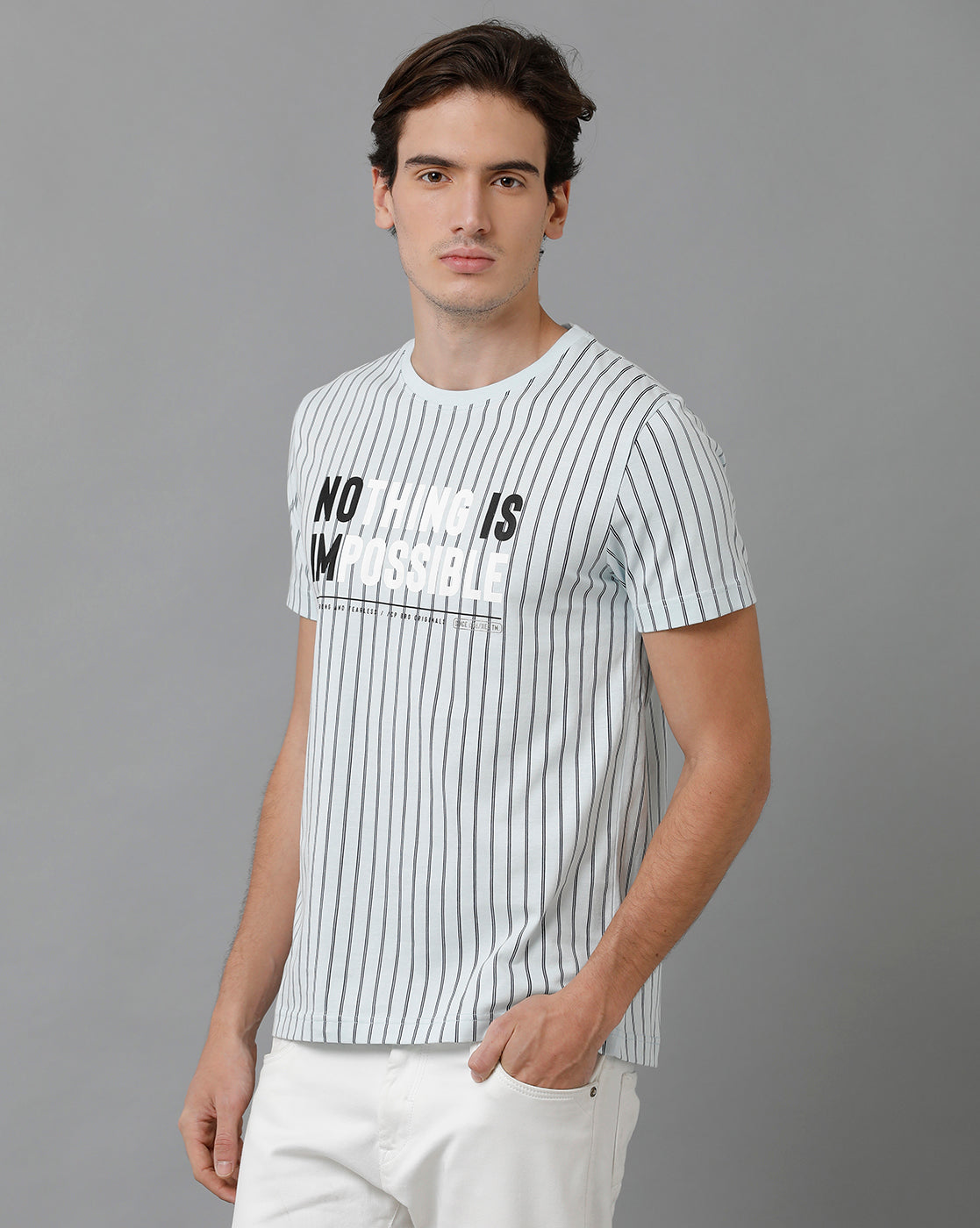 CP BRO Men's Cotton Half Sleeve Striped Slim Fit Round Neck White Color T-Shirt | Brcn - 522 A