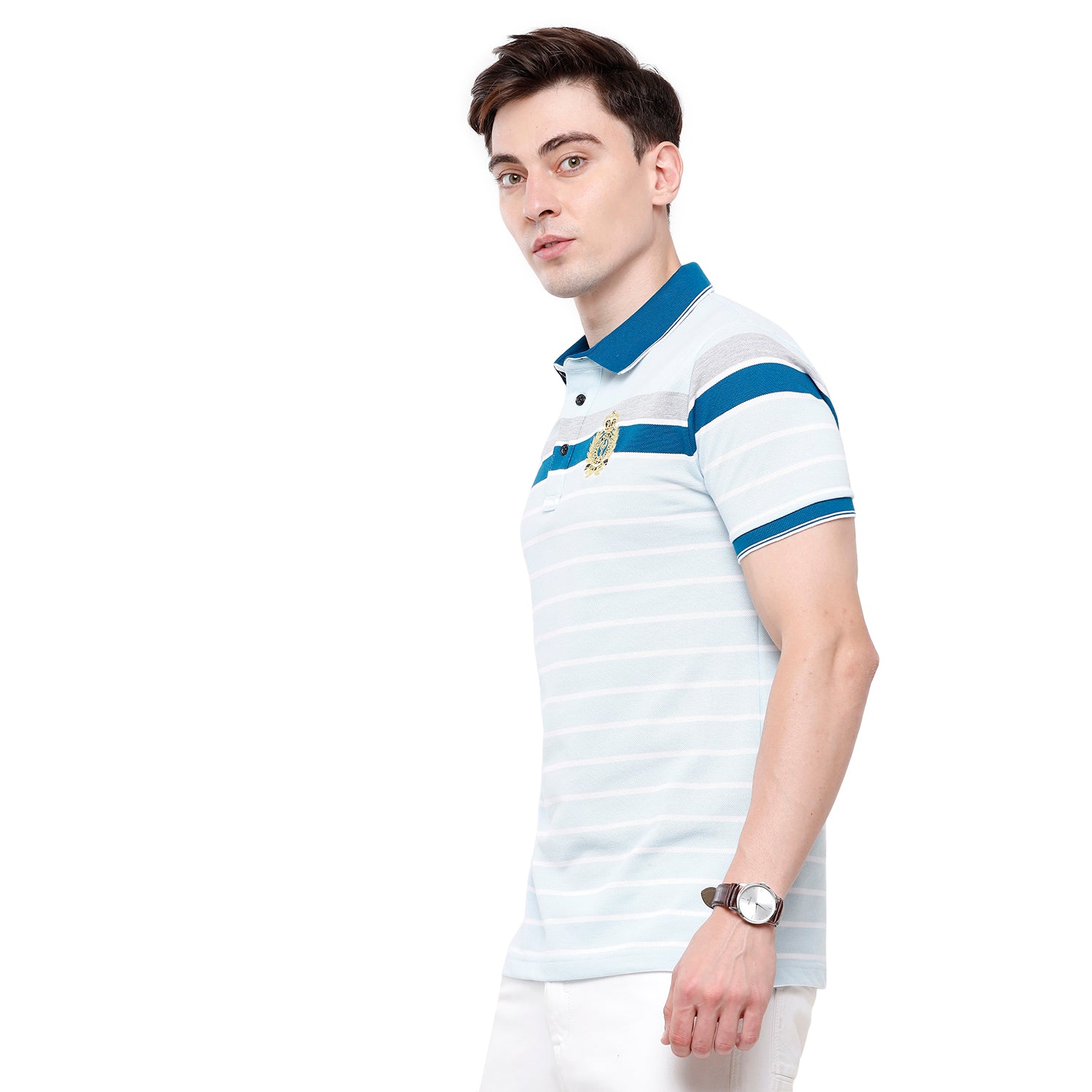 Classic Polo Mens Sky Blue Stripes Half Sleeve Slim Fit T-Shirt (VTA - 190 A SF P) T-shirt Classic Polo 