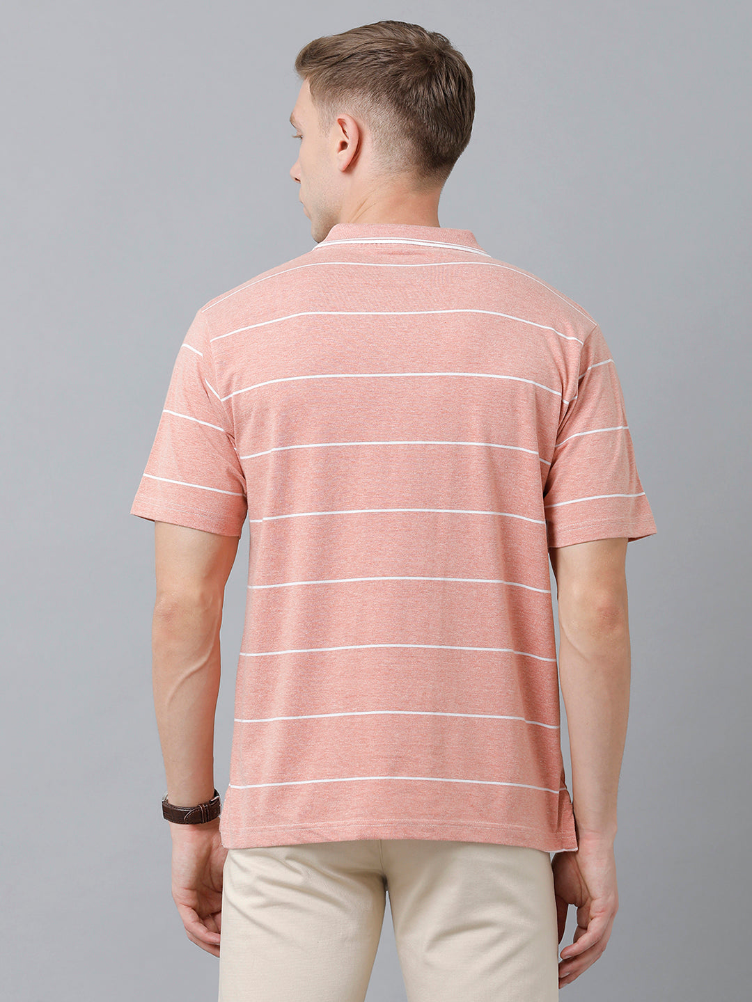 Classic Polo Men's Cotton Blend Half Sleeve Striped Authentic Fit Polo Neck Peach Color T-Shirt | Mel - 225 A