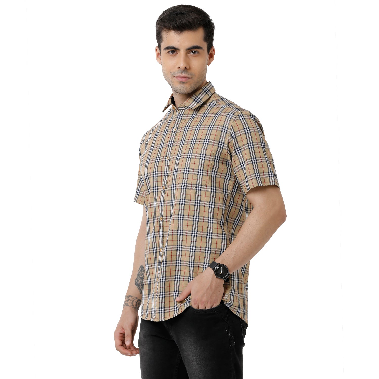 Classic Polo Mens Checked Slim Fit Half Sleeve Brown Color Shirt - SN1-121 B Shirts Classic Polo 