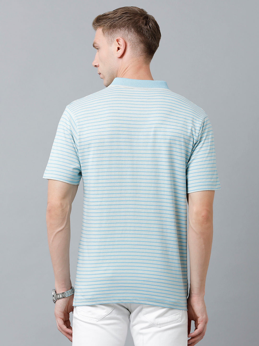 Classic Polo Men's Cotton Half Sleeve Striped Authentic Fit Polo Neck Sky Blue Color T-Shirt | Feeders - 212 B