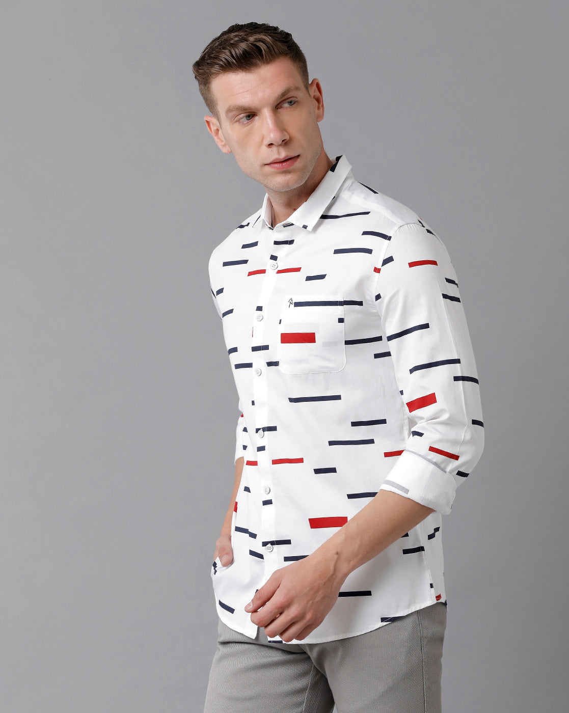 CP BRO Men's Cotton Printed Full Sleeve Slim Fit Polo Neck White Color Woven Shirt | Sbn2-12 A