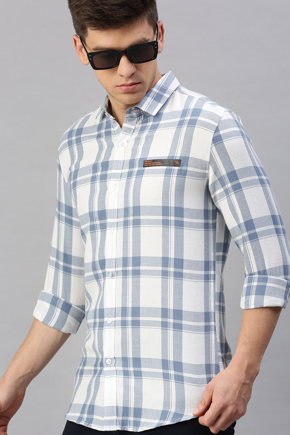CP BRO Men's Cotton Full Sleeve Checked Slim Fit Polo Neck White Color Woven Shirt | Sbo1-53 A