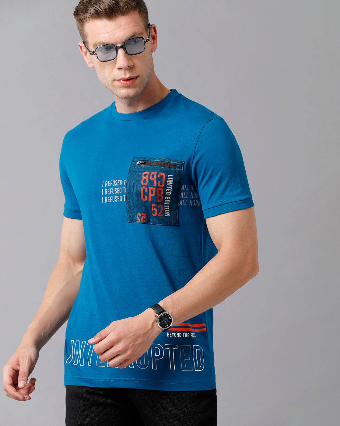 CP BRO Men's Cotton Printed Half Sleeve Slim Fit Round Neck Blue Color T-Shirt | Brcn - 488 B