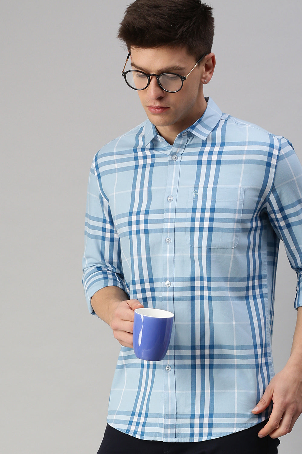CP BRO Men's Cotton Full Sleeve Checked Slim Fit Collar Neck Light Blue Color Woven Shirt | Sbo1-28 B