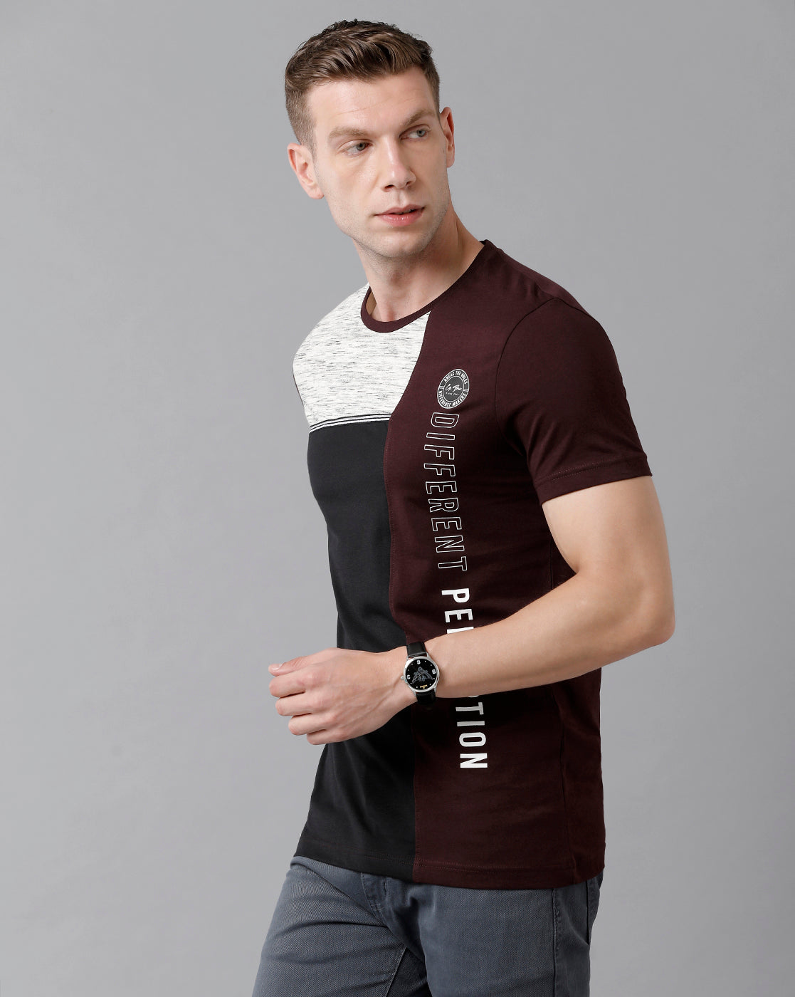 CP BRO Men's Cotton Color Block Half Sleeve Slim Fit Round Neck Multicolor T-Shirt | Brcn - 489 B