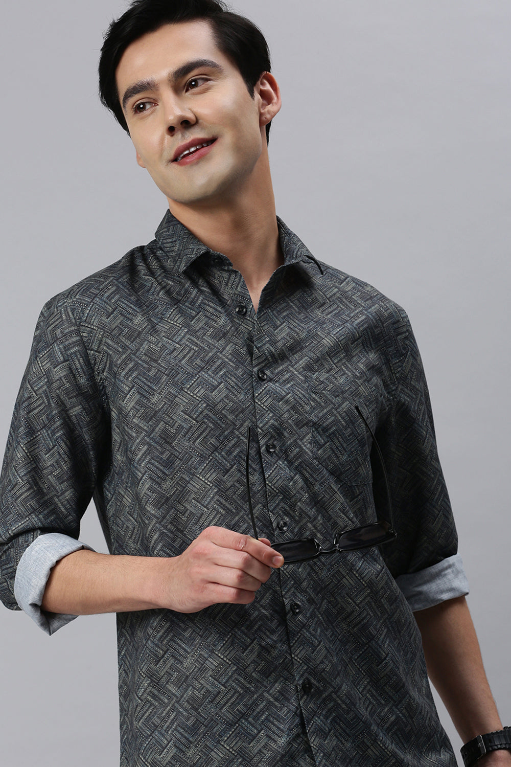 Classic Polo Men's Cotton Full Sleeve Printed Slim Fit Polo Neck Black Color Woven Shirt | So1-29 A