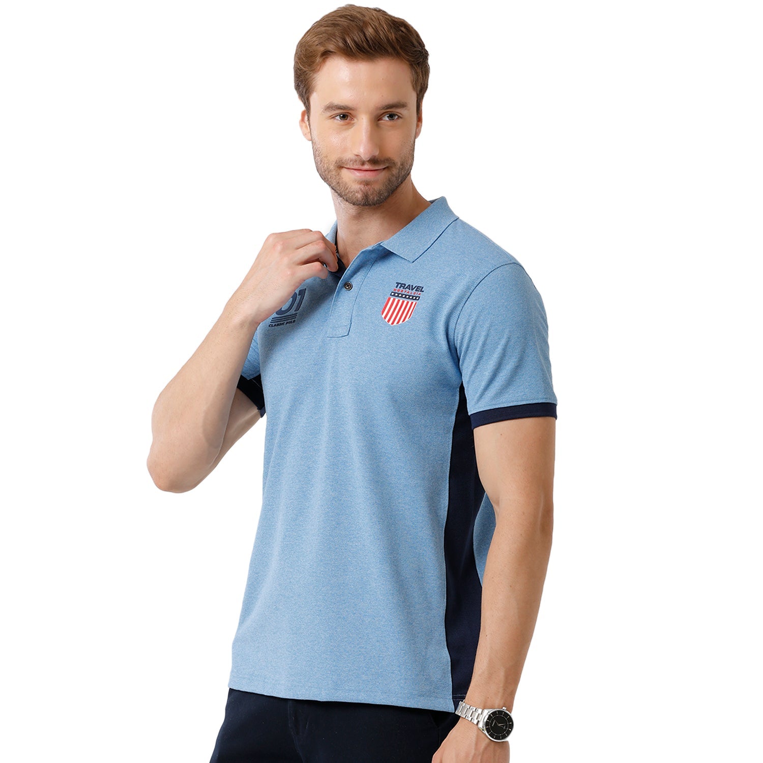 Mens Blue Color Half Sleeve Polo Neck Graphic T Shirt - PRM - 681 A SF P T-shirt Classic Polo 