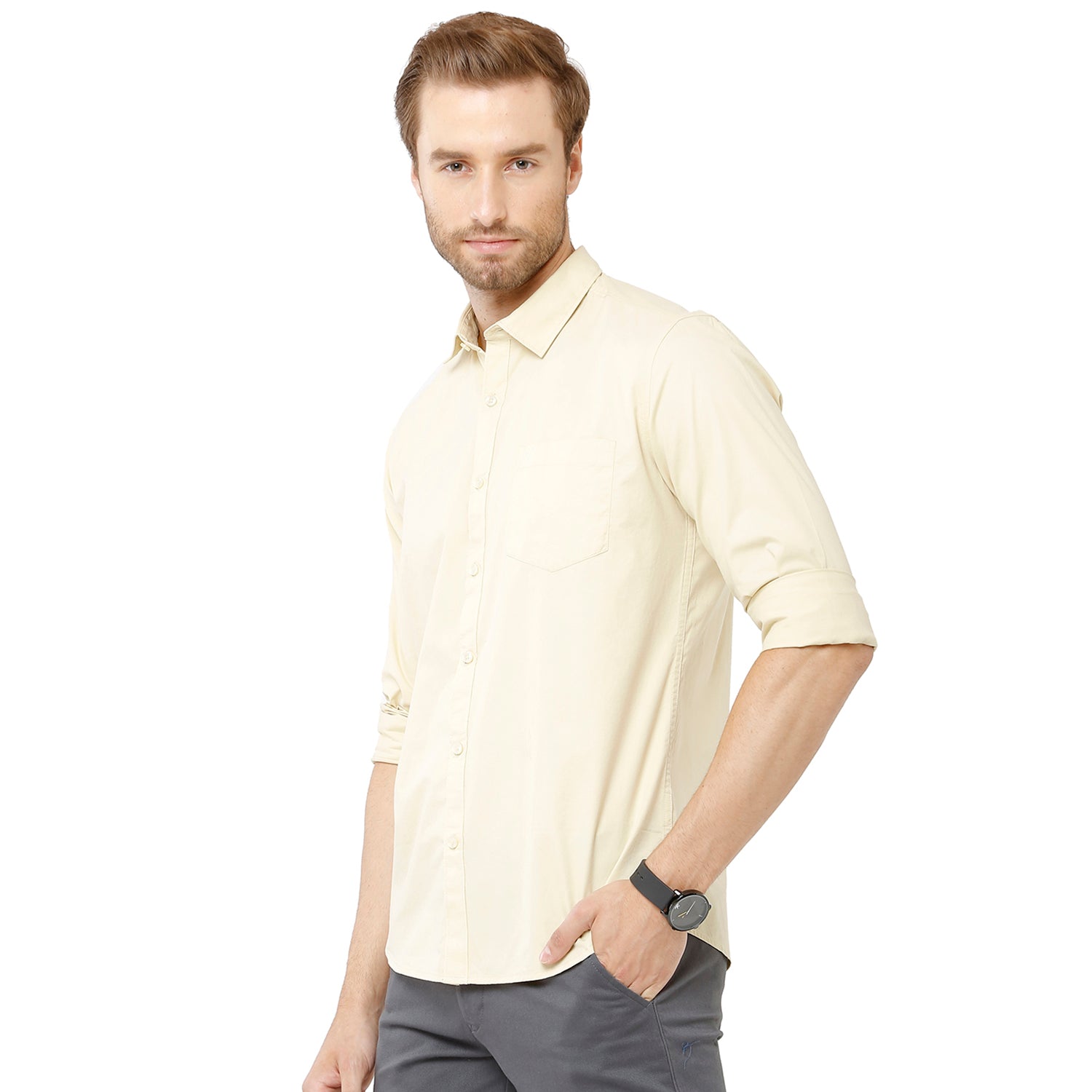 Classic Polo Mens 100% Cotton Full Sleeve Solid Slim Fit Cream Yellow Color Woven Shirt -SN1 115 B Classic Polo 