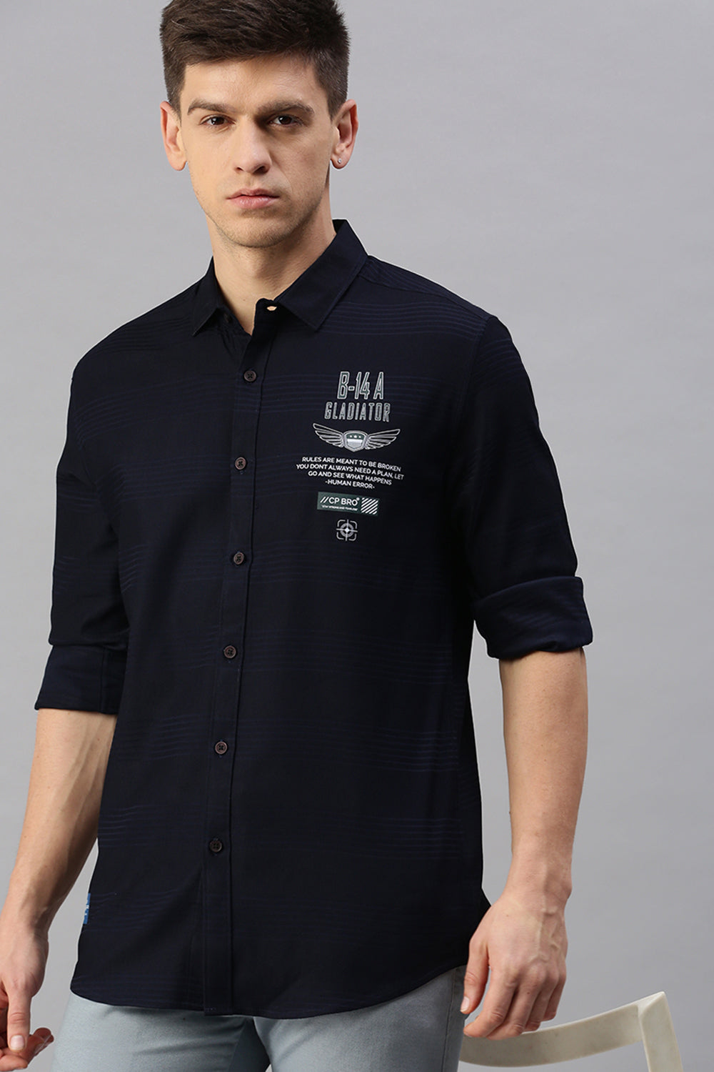 CP BRO Men's Cotton Full Sleeve Striped Slim Fit Polo Neck Black Color Woven Shirt | Sbo1-13 C