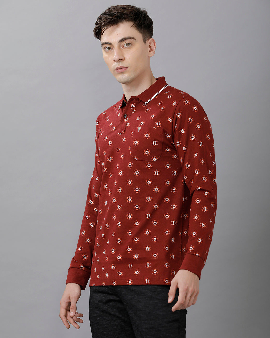Classic Polo Mens Cotton Printed Full Sleeve Slim Fit Polo Neck Maroon Color T-Shirt | Verno 269 A R