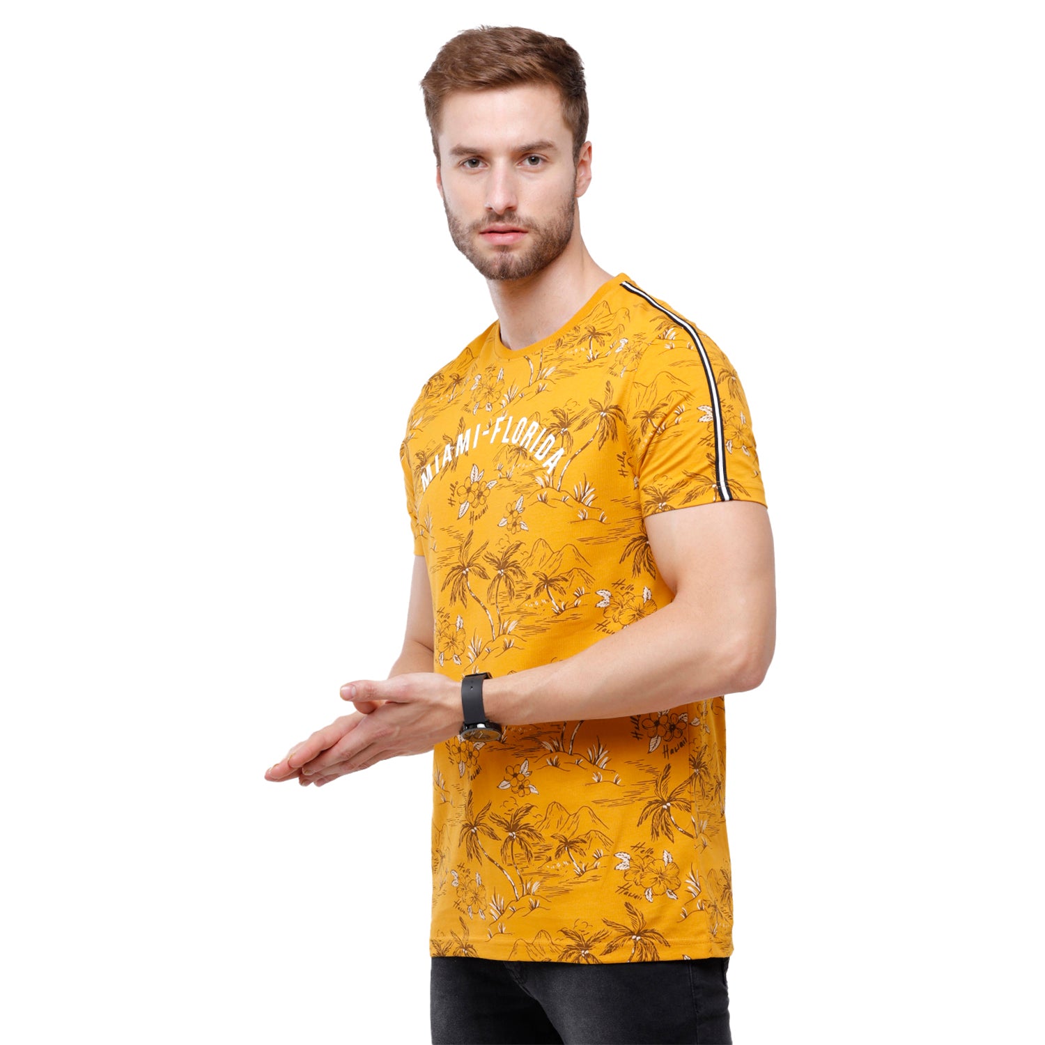 Swiss Club Mens Yellow Printed Slim Fit Half Sleeve Round Neck T-Shirt (CUB - 51 B SF C) T-shirt Swiss Club 