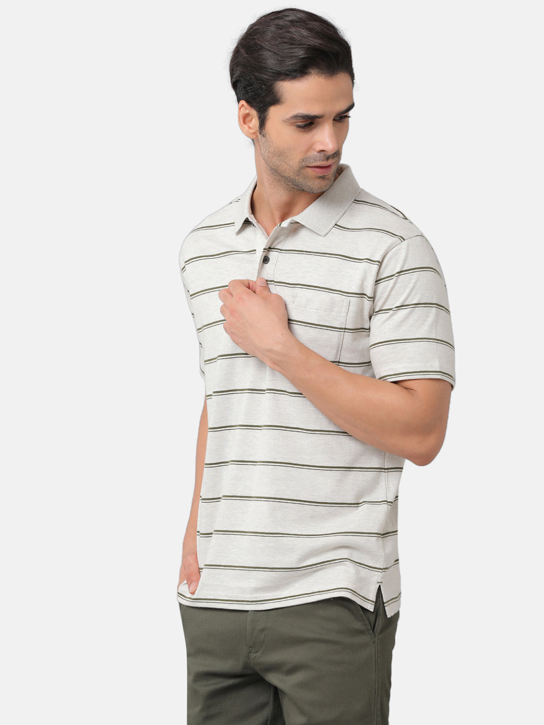 Classic Polo Mens Cotton Blend Striped Authentic Fit Polo Neck Light Grey Color T-Shirt | Avon 479b