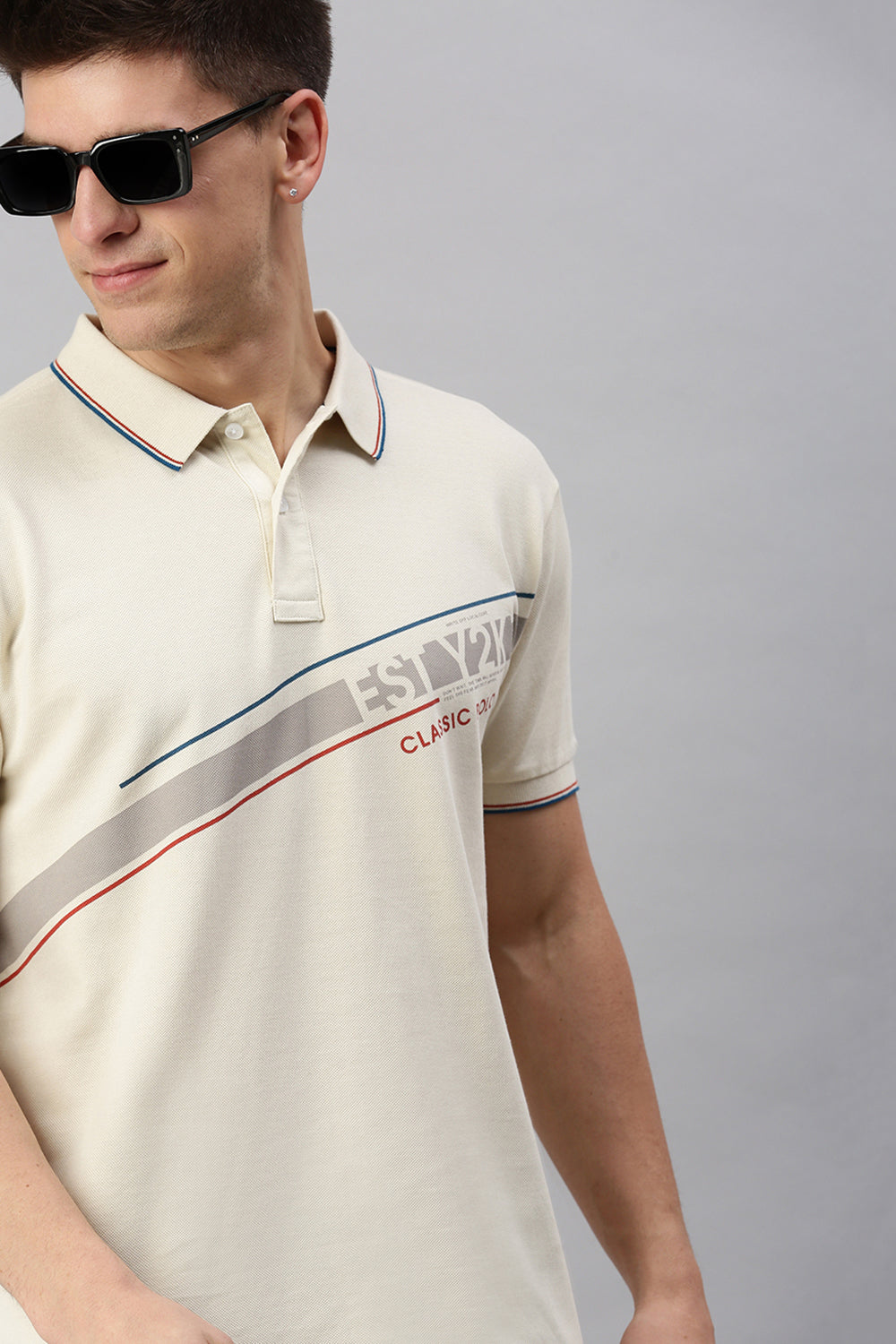 Classic Polo Men's Cotton Half Sleeve Printed Slim Fit Polo Neck Cream Color T-Shirt | Vivid Polo - 08 A