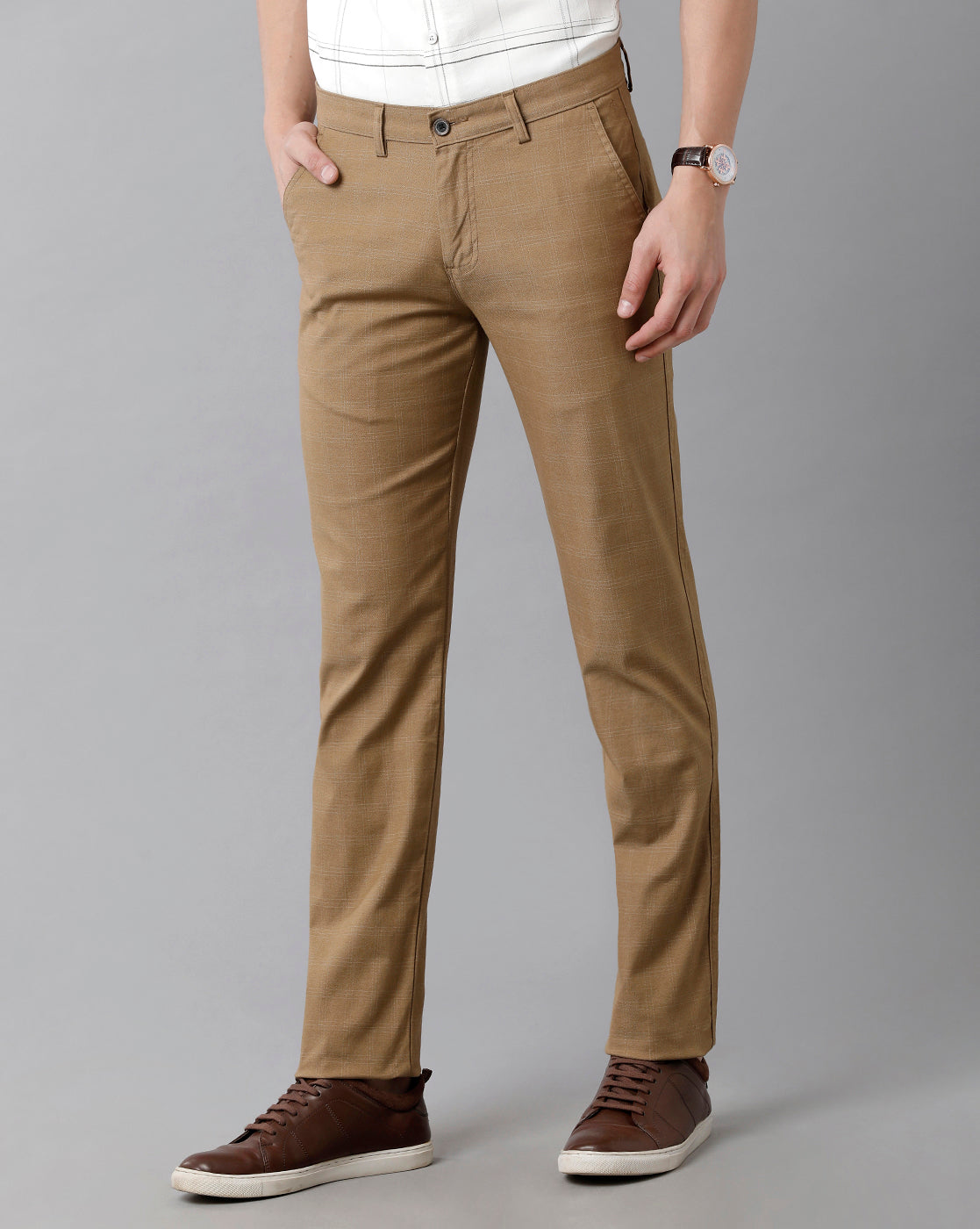 CP BRO Men's Cotton Checked Slim Fit Khaki Color Trousers | Tbn2-09 A