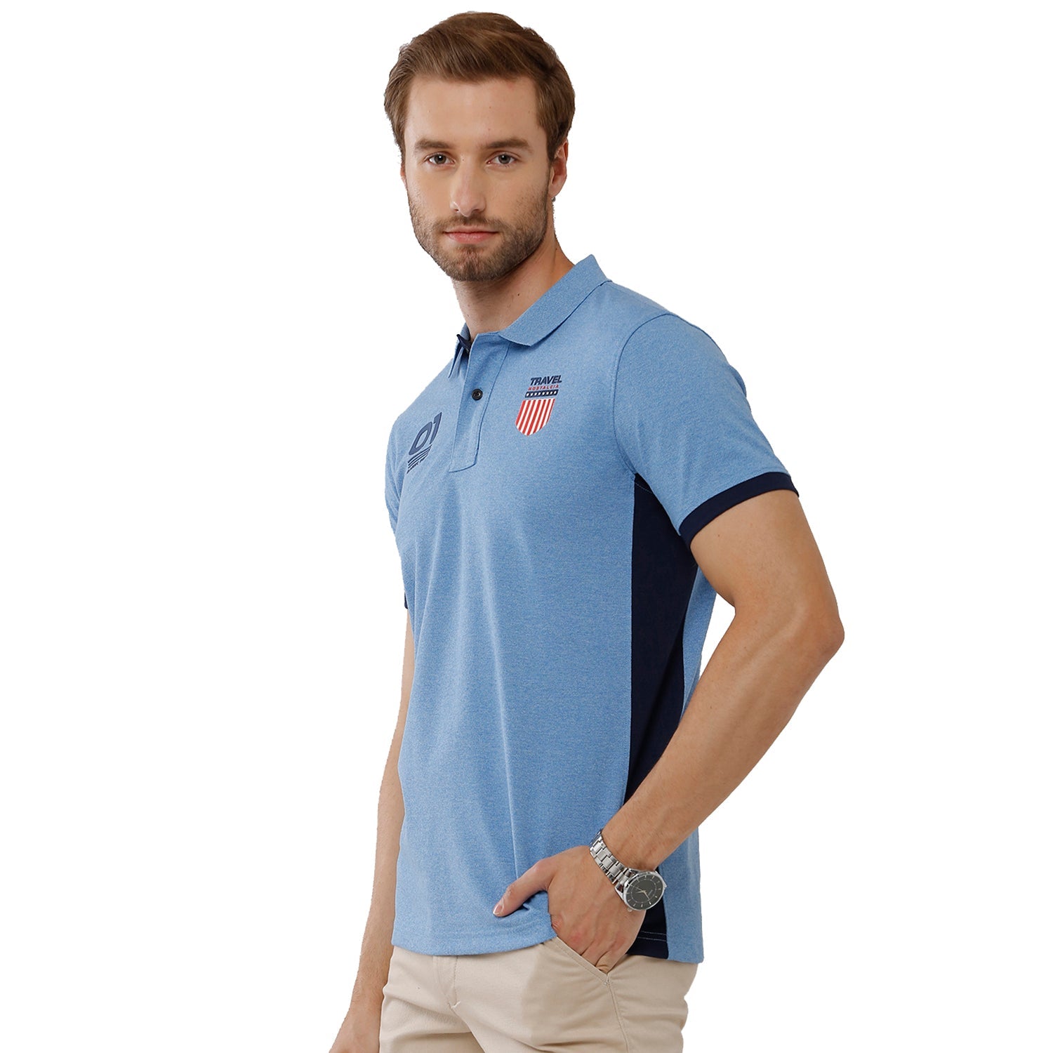 Classic Polo Mens 100% Cotton Color Block Slim Fit Blue Polo Neck T-Shirt -PRM 681 A T-shirt Classic Polo 