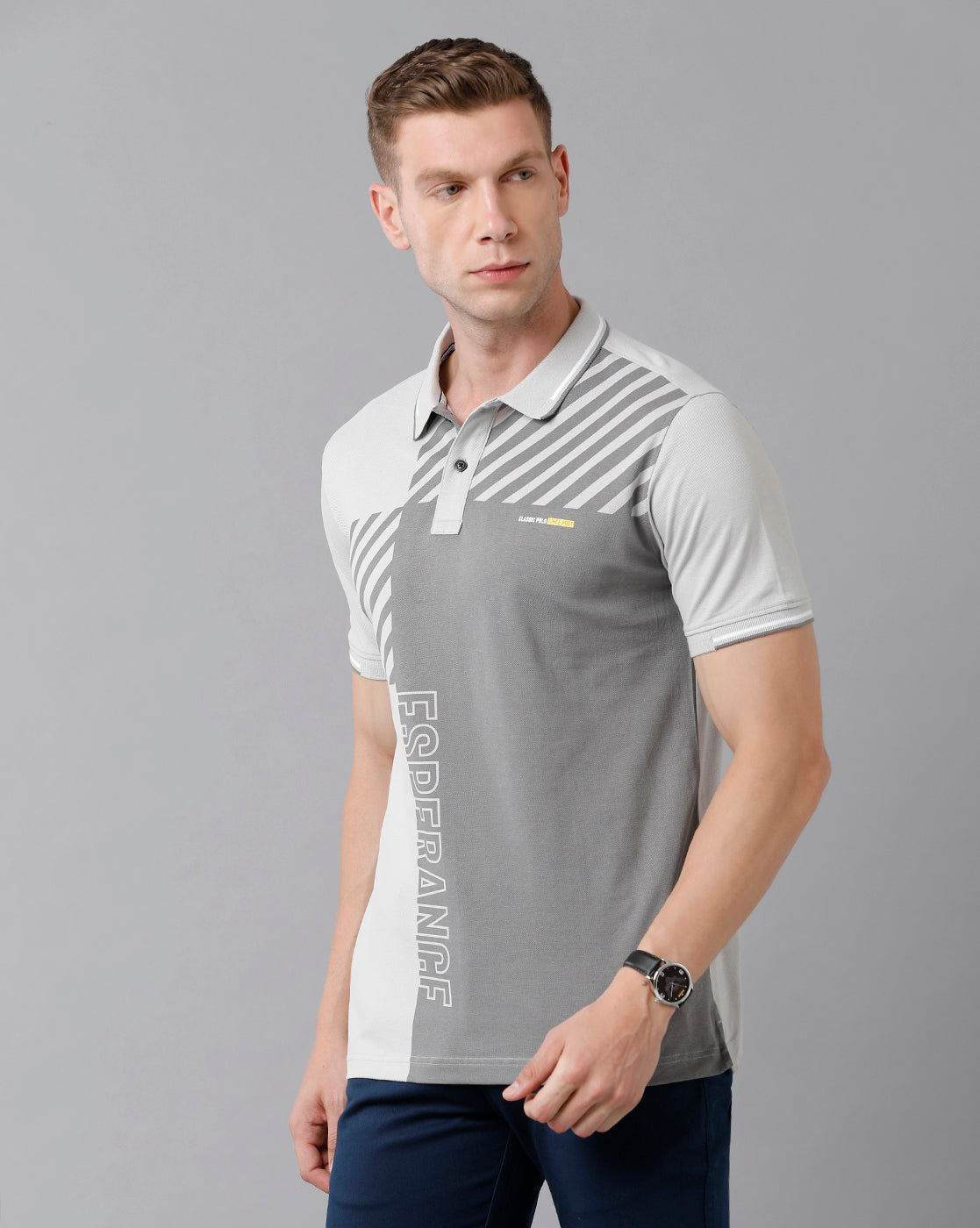 Classic Polo Men's Cotton Printed Half Sleeve Slim Fit Polo Neck Grey Color T-Shirt | Prm - 702 A