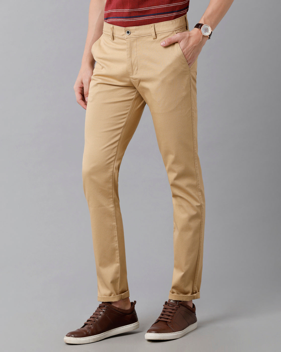 Classic Polo Men's Cotton Solid Slim Fit Khaki Color Trousers | Tn2-02 A