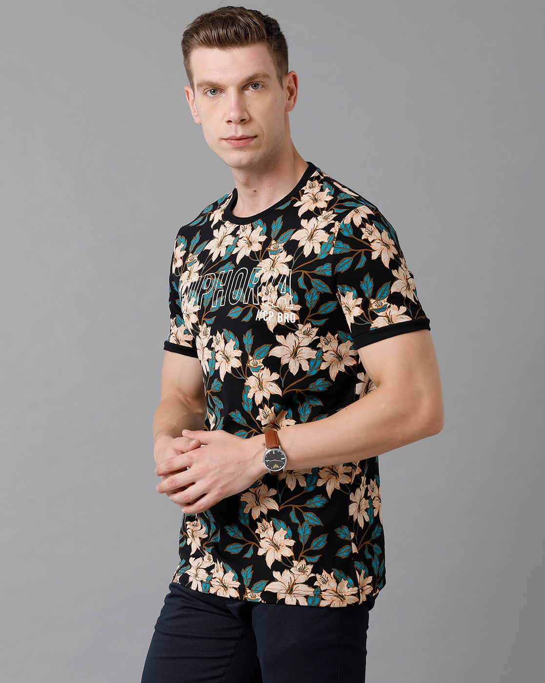 CP BRO Men's Cotton Printed Slim Fit Multicolor T-Shirt | Brcn - 492 A
