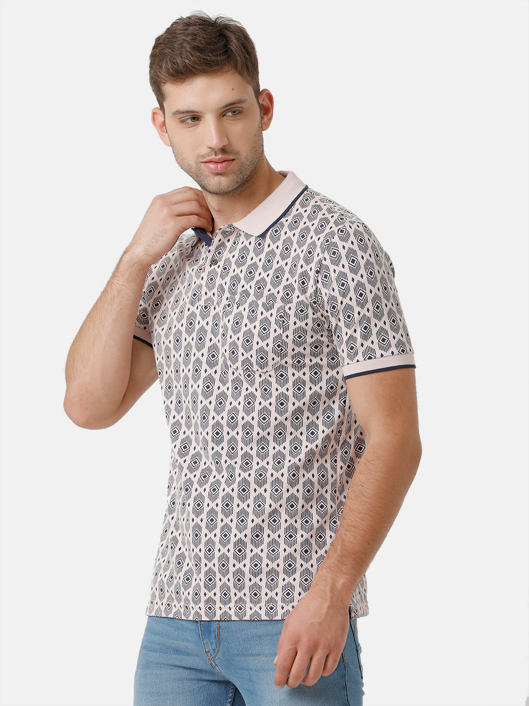 Classic Polo Mens Cotton Half Sleeve Printed Slim Fit Polo Neck Off White Color T-Shirt | Beau 171 A