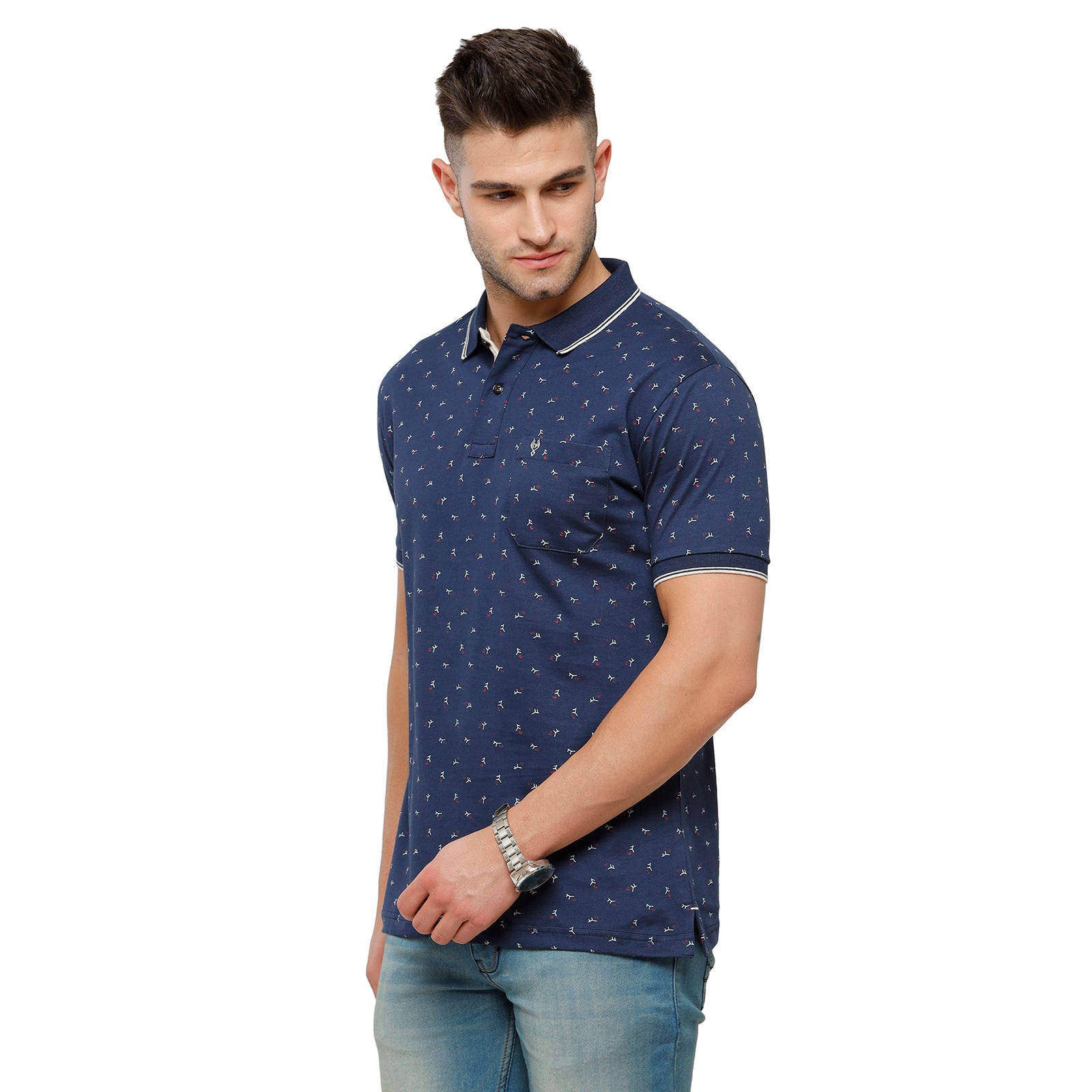 Classic Polo Mens Printed Slim Fit Polo Neck Navy Blue Colour T-Shirt - Bello 164 B T-shirt Classic Polo 