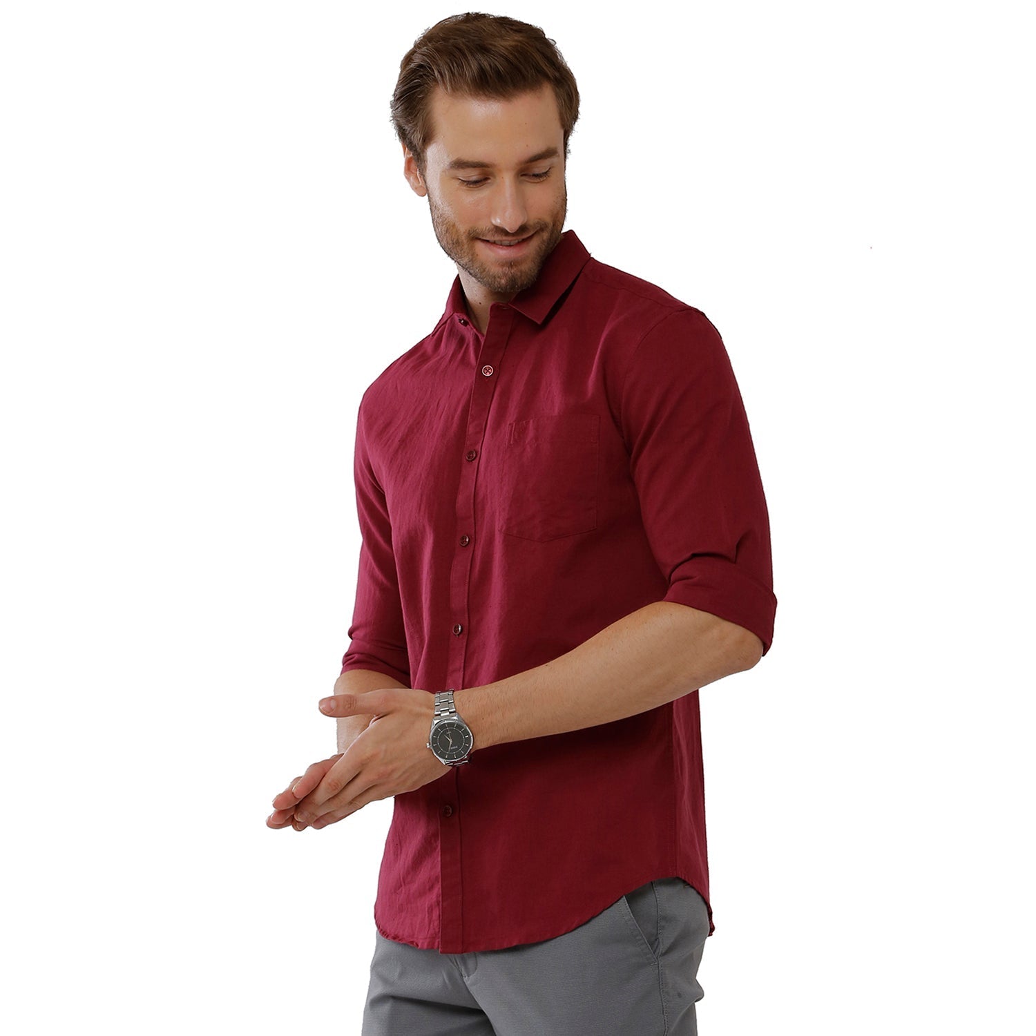 Classic Polo Mens 100% Cotton Solid Milano Fit Maroon Color Woven Shirt - Mica Maroon FS Classic Polo 