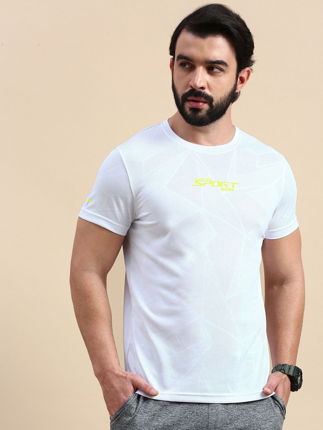 Classic Polo Men's Round Neck Polyester White Slim Fit Active Wear T-Shirt | GENX-CREW 04A SF C