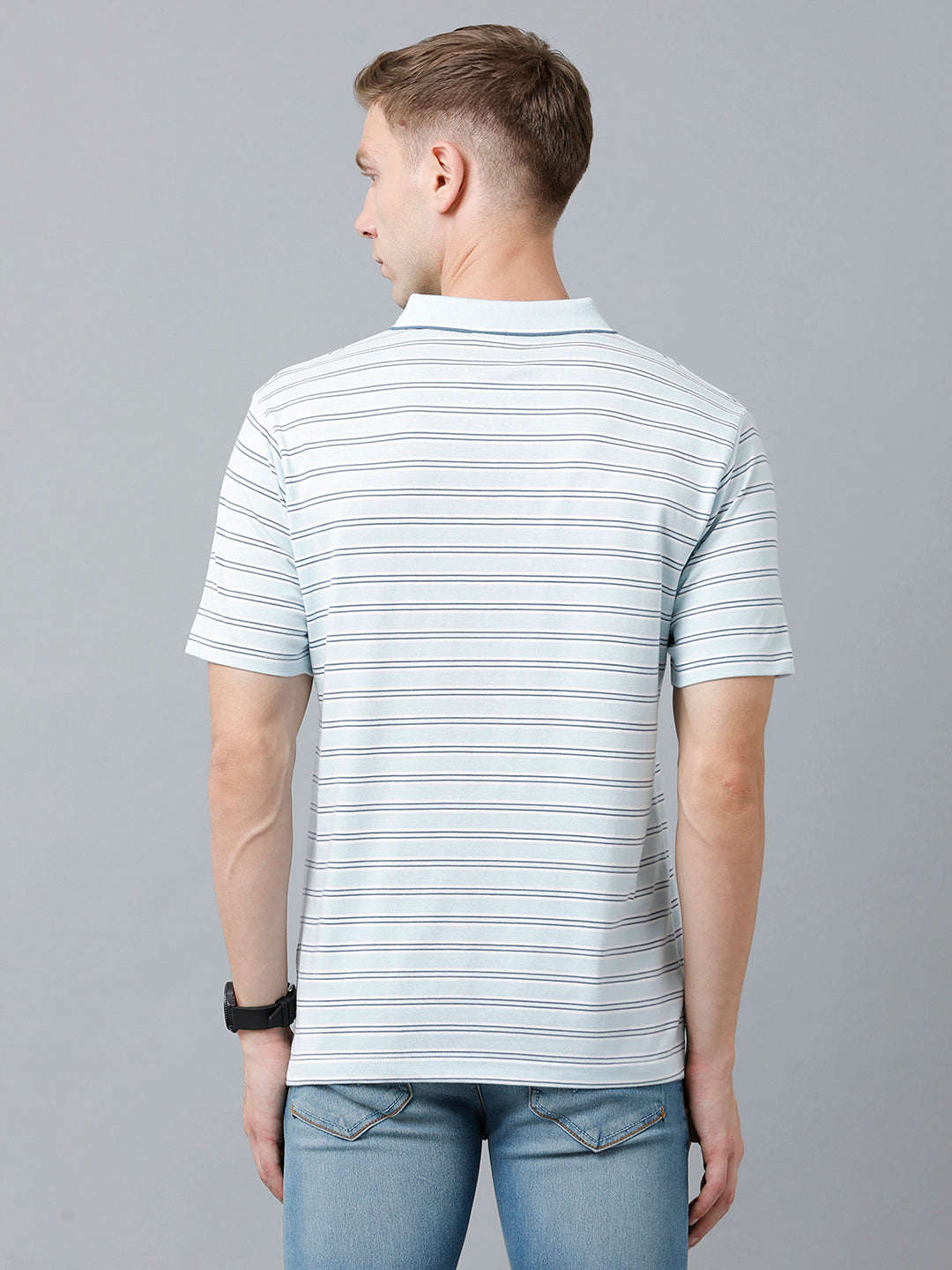 Classic Polo Men's Cotton Half Sleeve Striped Authentic Fit Polo Neck Light Blue Color T-Shirt | Feeders - 215 A